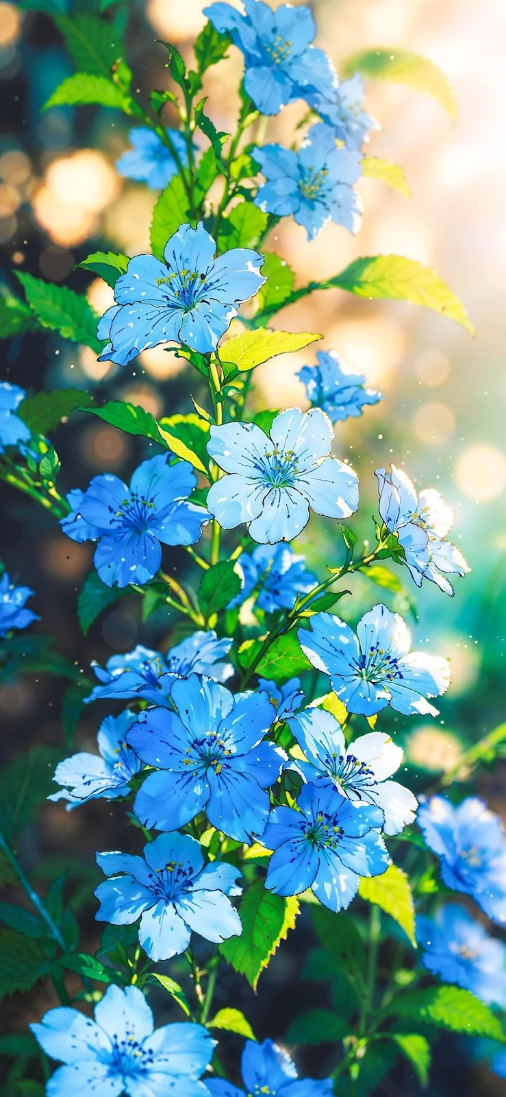 Blue Flowers In Morning Light - Digital Illustration Full HD iPhone Wallpaper (1185x2567)
