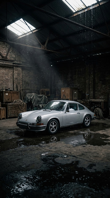 Classic Silver Porsche in Dim Rain Warehouse Wallpaper - Free mobile Wallpaper