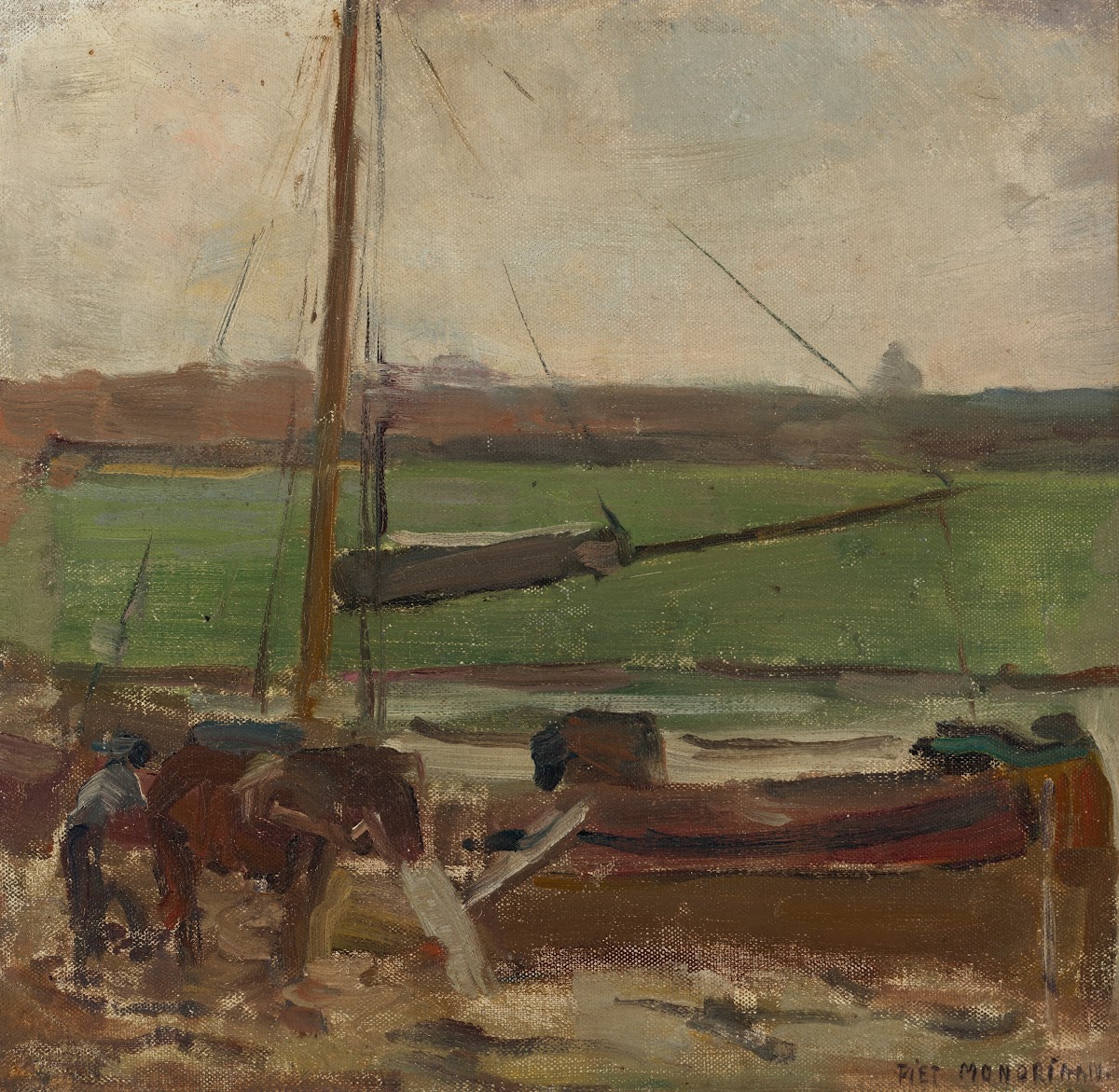 Polder met gemeerde vrachtschuit buiten Amsterdam II circa 1900 1901