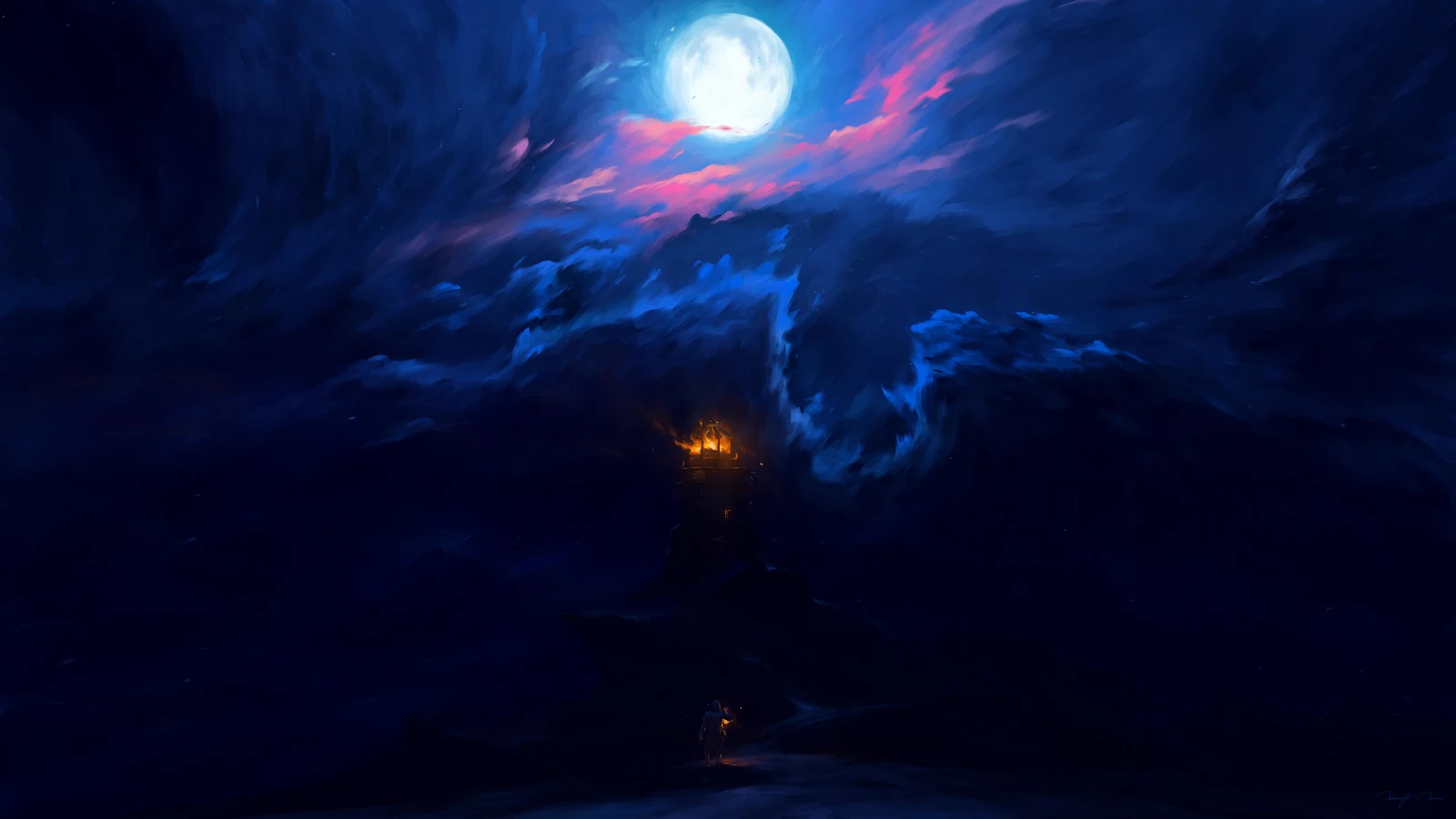 Mystical Tower Under Full Moon - Fantasy Digital Art 4K Wallpaper (3840x2160)