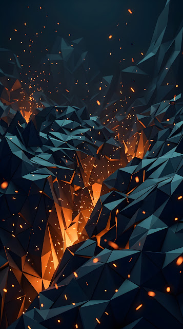 Abstract Low Poly Geometric Pattern in Blue and Orange with Glowing Sparks - Free mobile Wallpaper