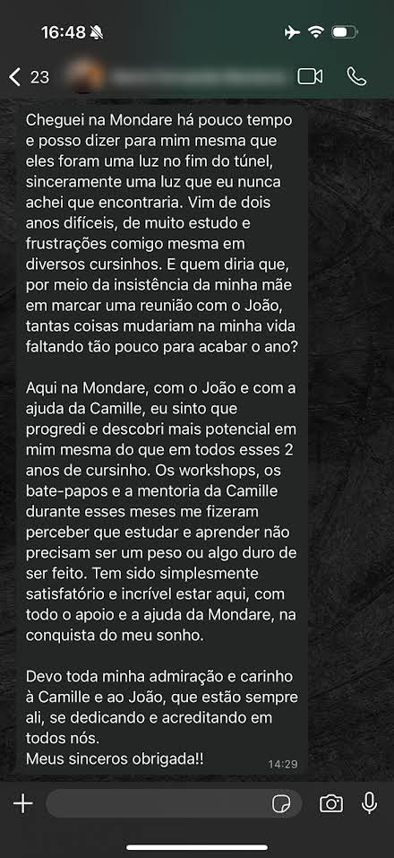 Depoimento de aluno da Mentoria Mondare no WhatsApp
