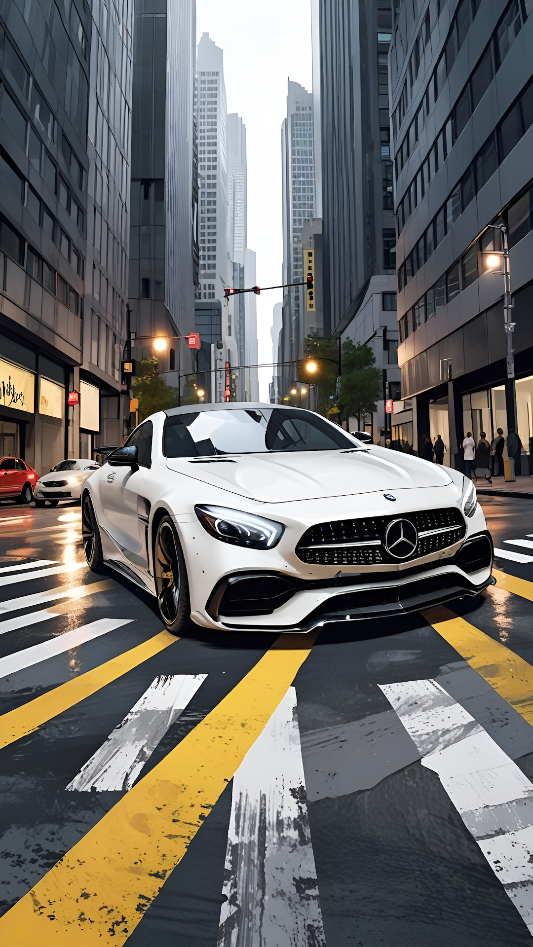 White Luxury Sports Car on Wet City Street Skyscraper View - Free 4K mobile Wallpaper