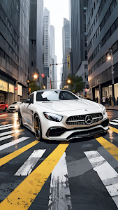 White Luxury Sports Car on Wet City Street Skyscraper View