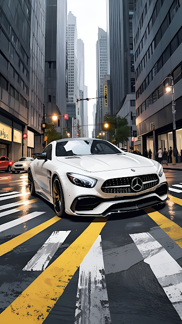 White Luxury Sports Car on Wet City Street Skyscraper View - Free mobile Wallpaper