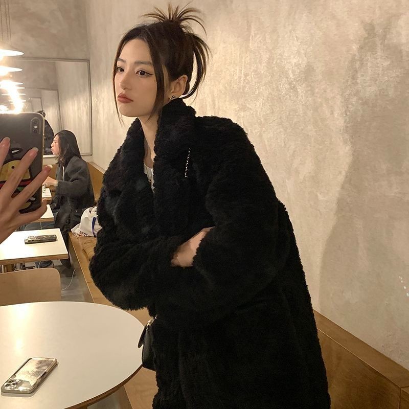 Teddy coat, black, padded, women's