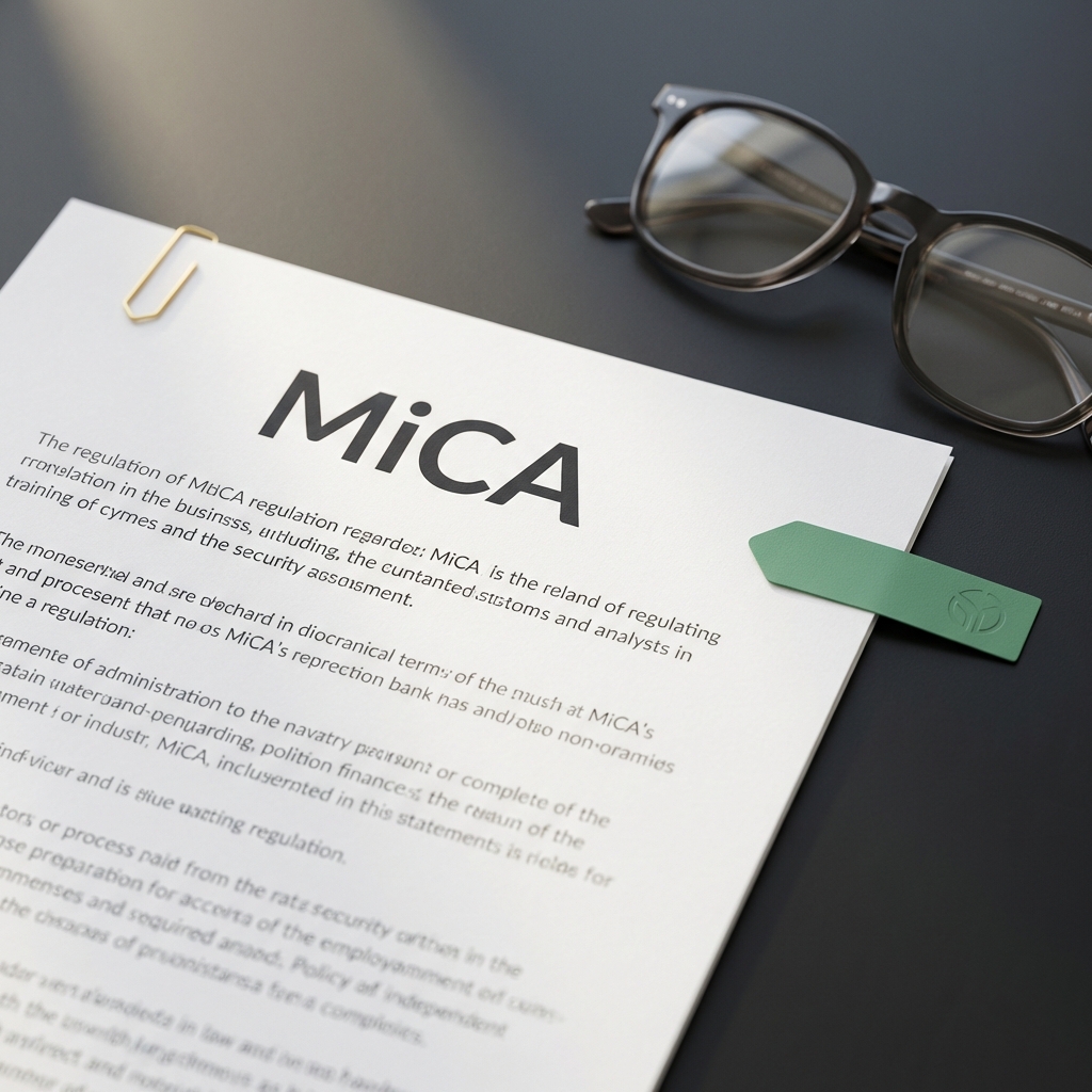 Close up of printed MiCA regulation page beside reading glasses on a matte dark desk with a small green bookmark conveying recent cryptocurrency news and regulatory focus