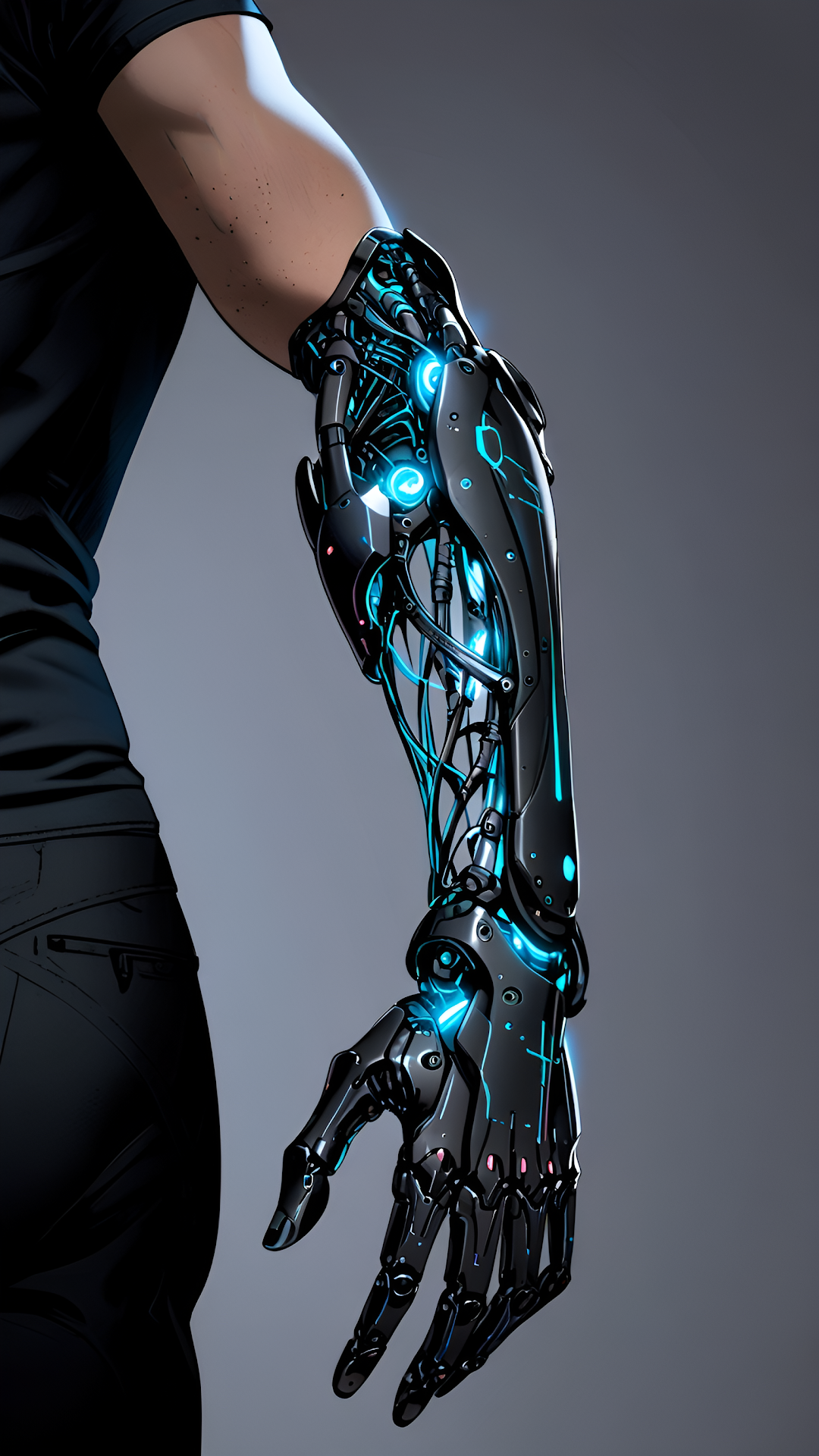 Sleek Black Bionic Arm Prosthetic Glowing Blue Circuits - Free 4K mobile Wallpaper