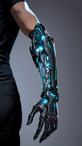 Sleek Black Bionic Arm Prosthetic Glowing Blue Circuits