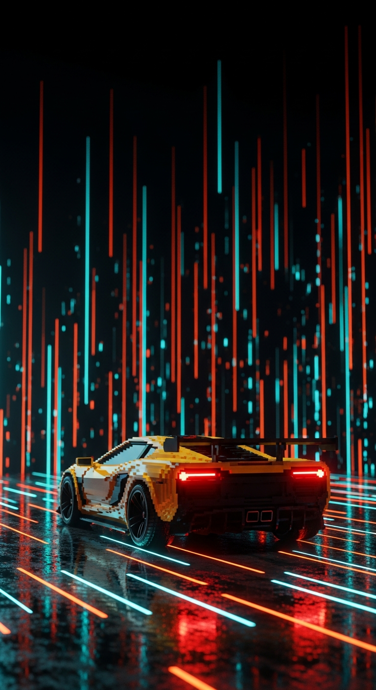 Rear View of a Voxel Art Sports Car on a Reflective Road with Vertical Data Background - Free 4K mobile Wallpaper