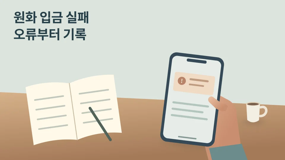 오류 알림이 있는 스마트폰을 한 손에 들고 옆의 넓은 메모장에 확인 내용을 기록하려는 장면, 계좌번호와 금액 없음