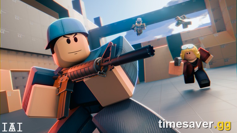 Arsenal official Roblox thumbnail, a blue-capped soldier firing a rifle in a warehouse-style map