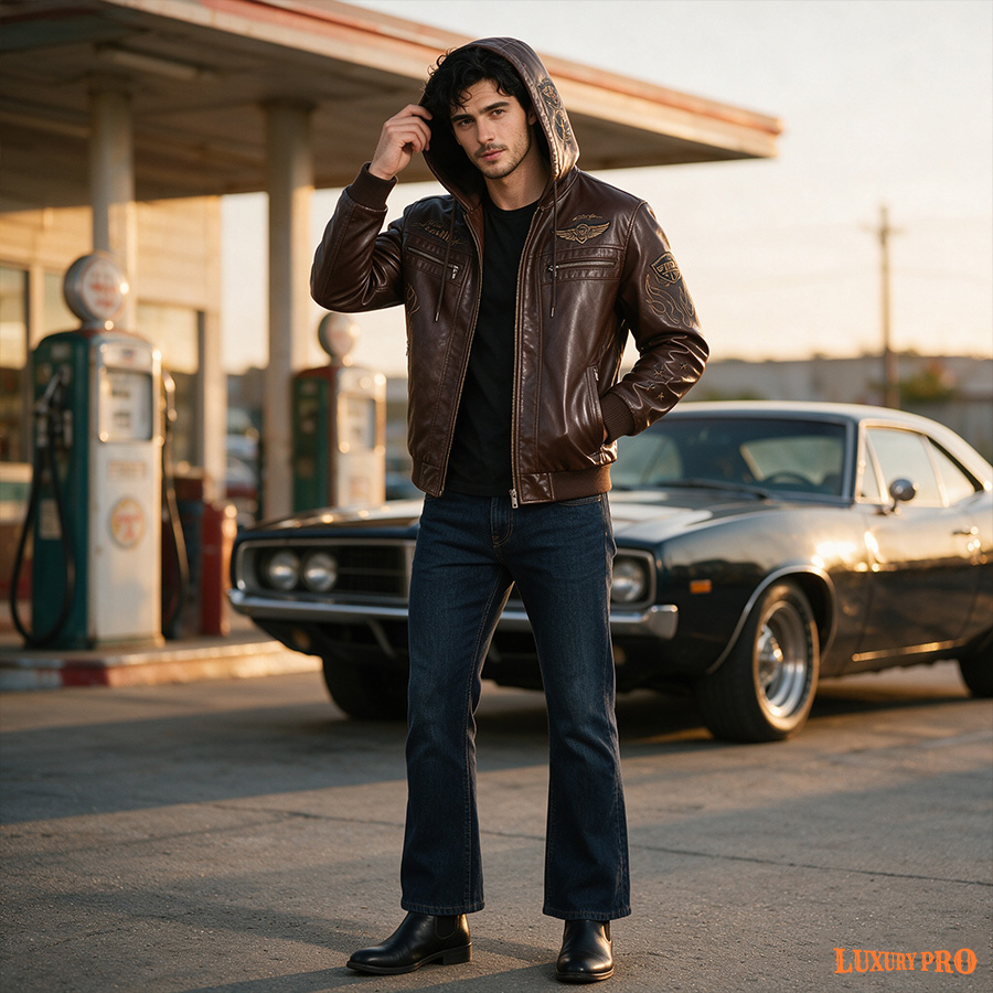 2D hooded leather jacket
