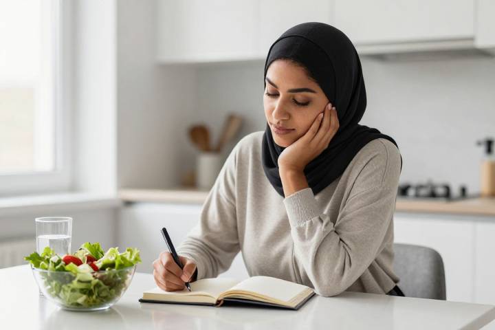 امرأة تدون ملاحظاتها حول نظامها الغذائي في المطبخ