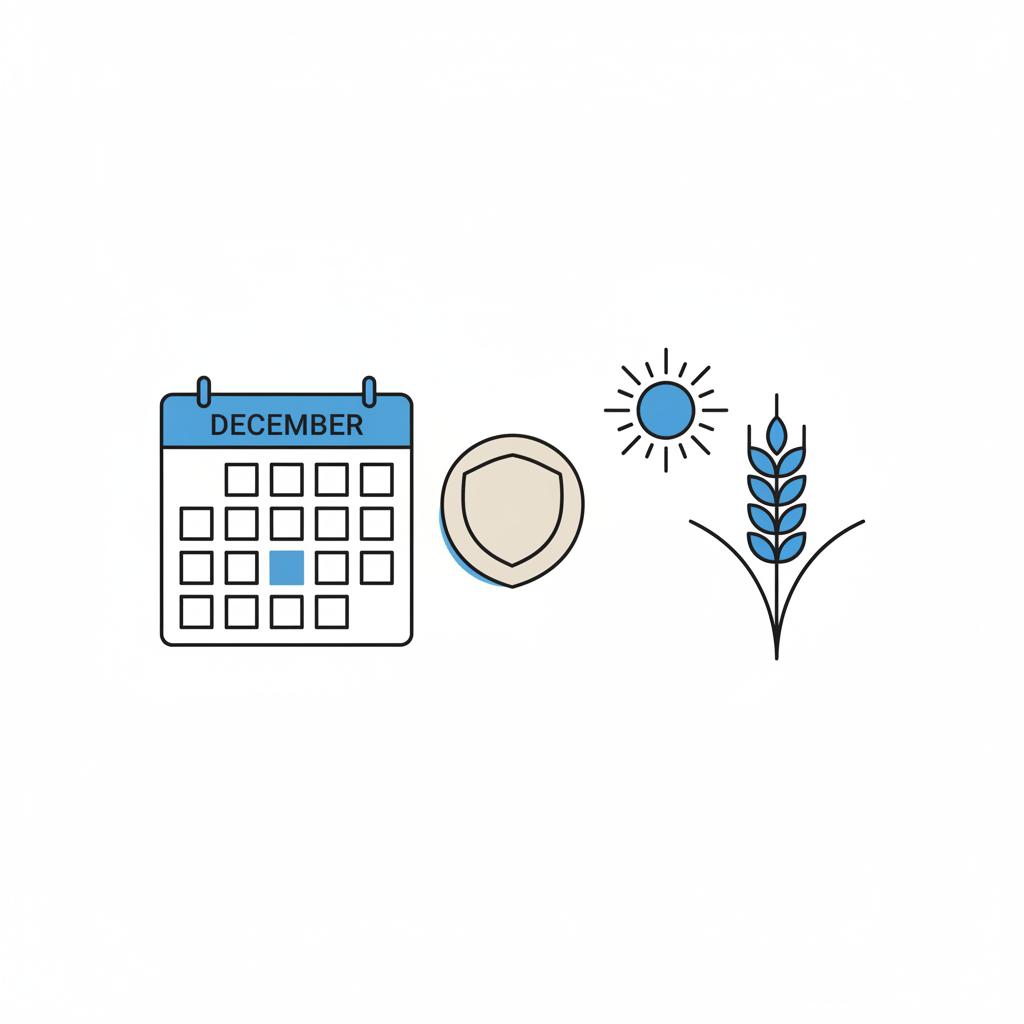 Minimal 2D vector split image of a calendar showing December and a late summer icon with a neutral car emblem centered representing scheduling for an audi car dealership near me