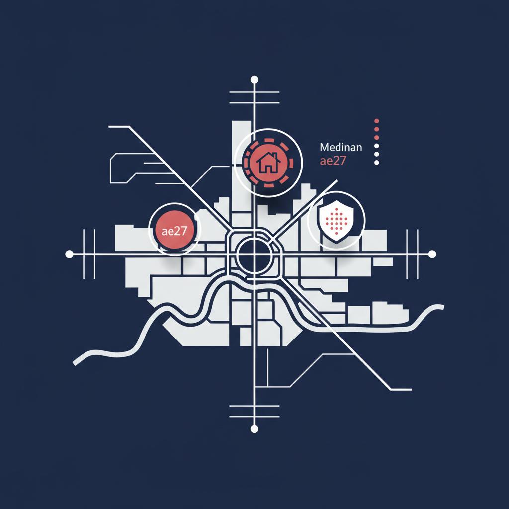 Minimal 2D vector city map infographic showing median rent and crime rate icon overlays in Michael Carbonara colors for top ranked cities to live in the us