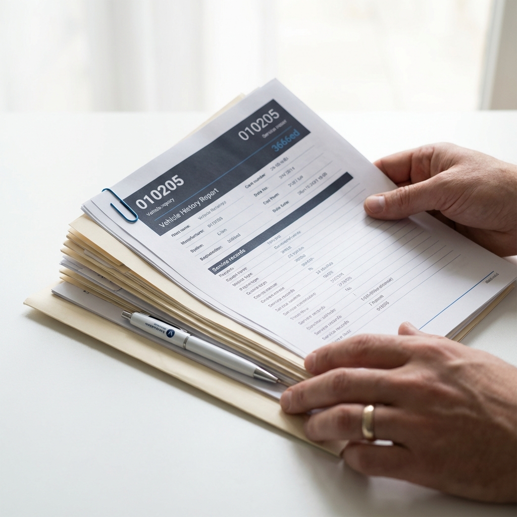 Close up of hands holding organized service records and a printed vehicle history report illustrating carvana trade in value assessment on a white table with blue accents