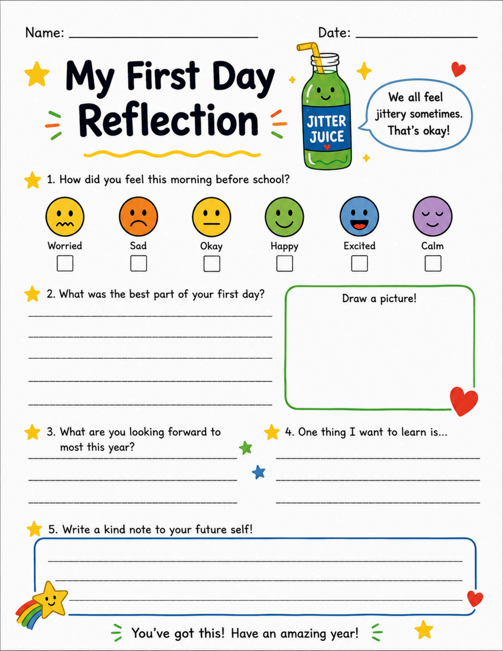 My First Day Reflection Worksheet