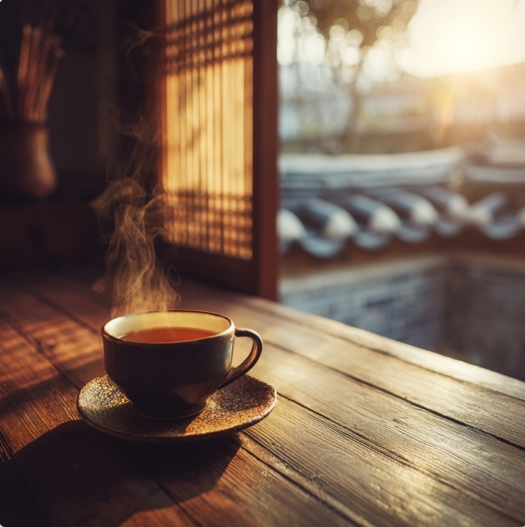 겨울 한국 가정의 따뜻한 차 한잔