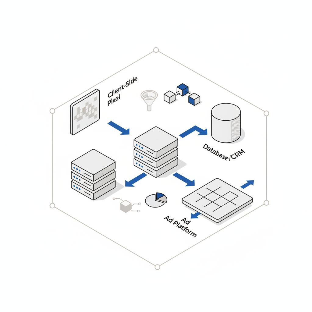 Isometric 2D vector of a minimalist tech stack showing pixel, server, CRM and ad platform connections with blue data-flow lines &mdash; target entrepreneurs Facebook ads