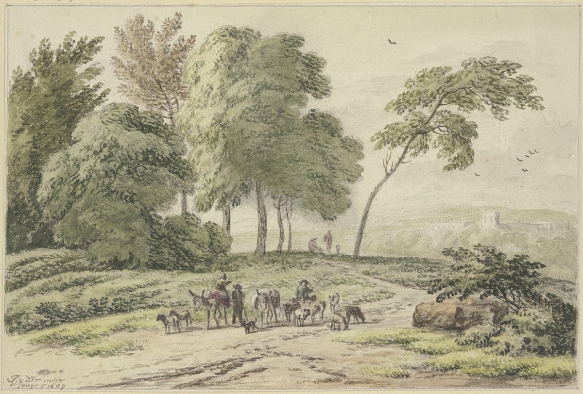 An einer Baumgruppe zwei Eselstreiber von hinten 1689