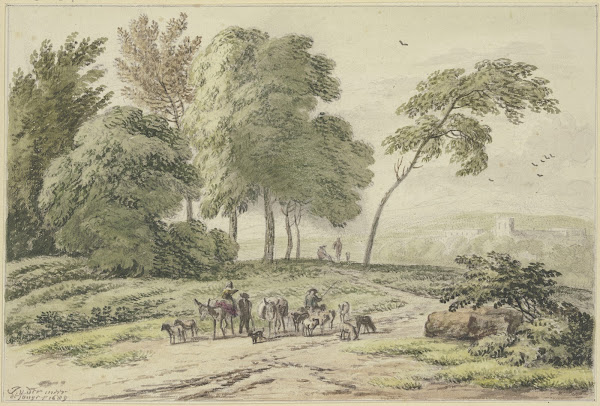 An einer Baumgruppe zwei Eselstreiber von hinten 1689