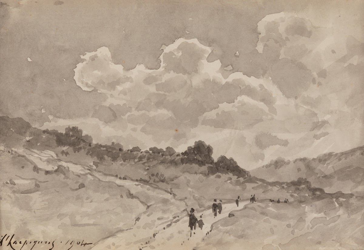 Figures walking down a path in a hilly landscape 1904