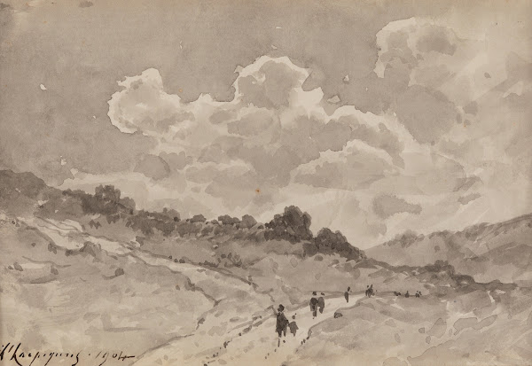 Figures walking down a path in a hilly landscape 1904