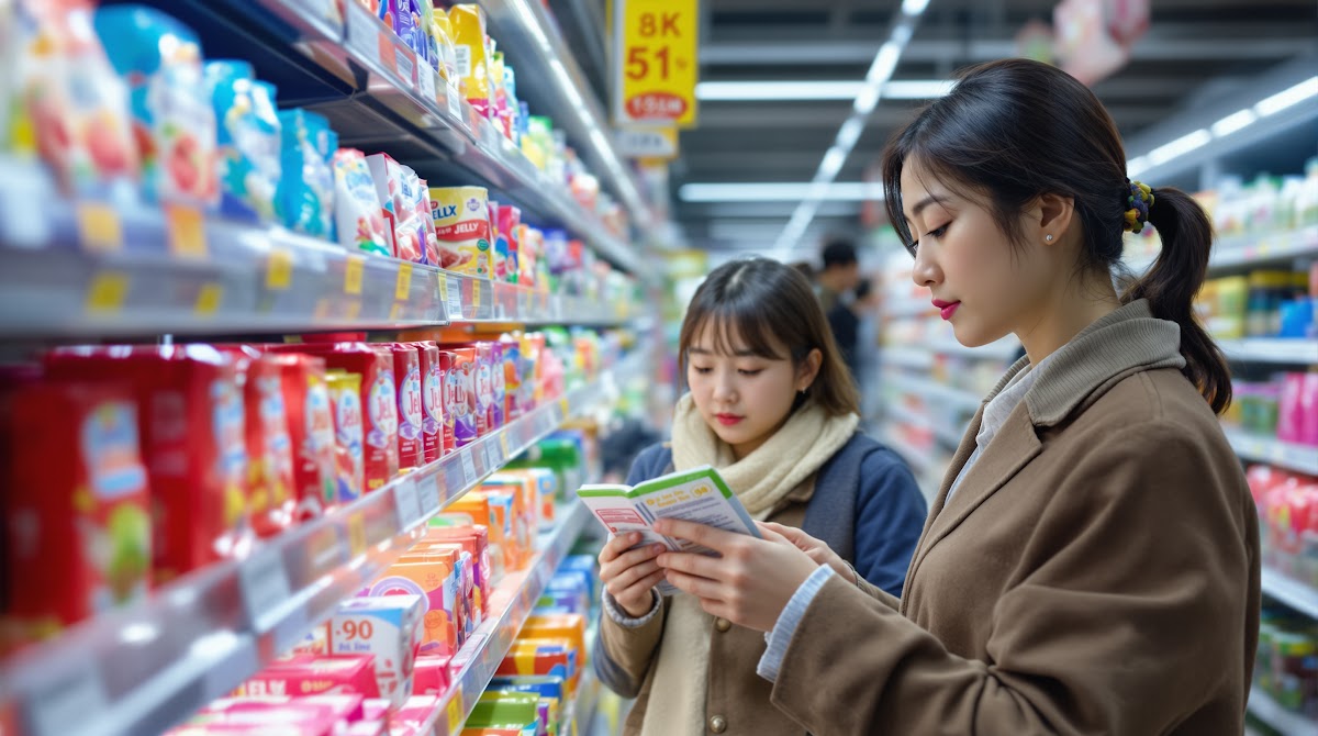 여러 브랜드의 저칼로리젤리 영양성분표와 주원료를 비교 분석하며, 소비자가 매장 선반 앞에서 라벨을 꼼꼼히 확인하고 고르는 장면
