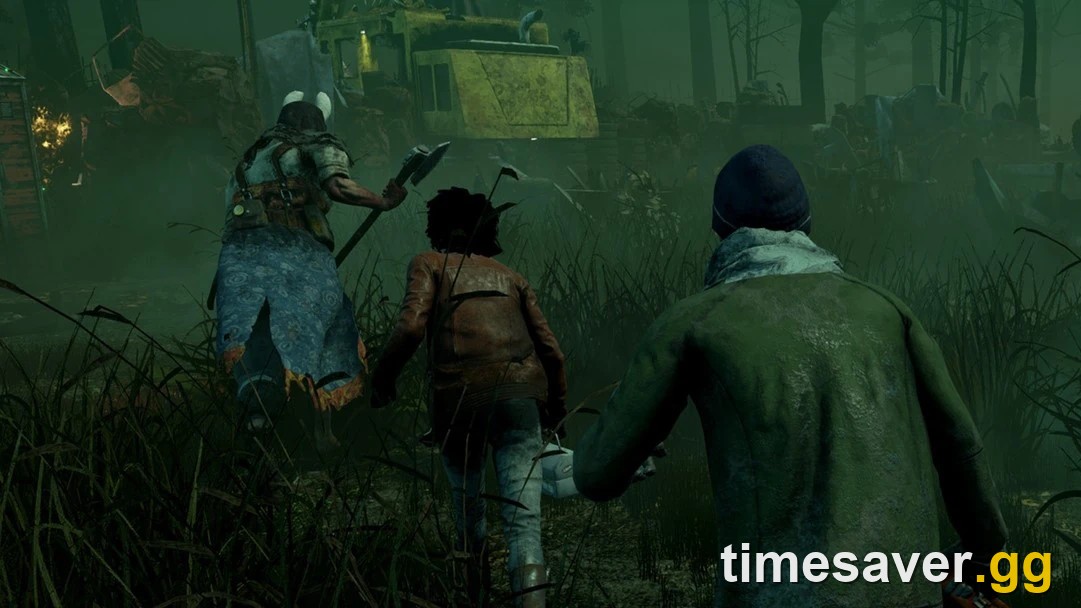 Third-person Dead by Daylight screenshot of The Huntress chasing two survivors through a green foggy map with a hatchet raised