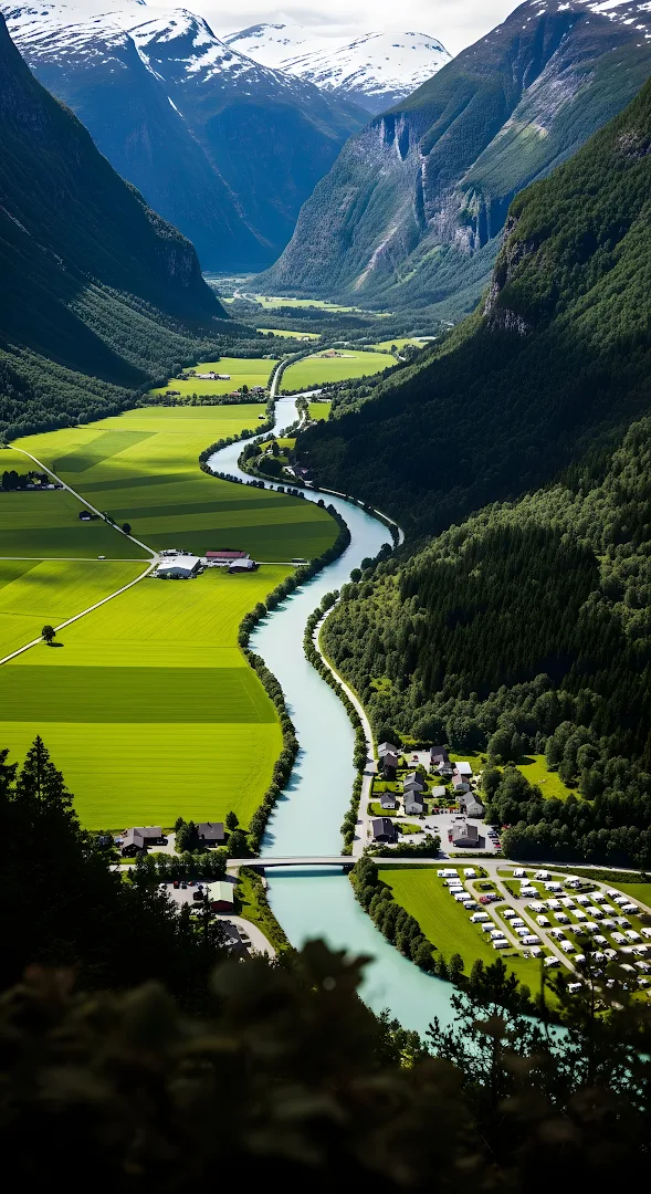 Majestic Valley Landscape with Bright Green Farmlands