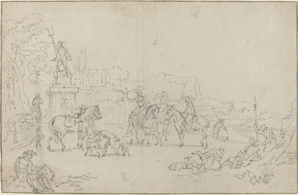 An Elegant Hunting Party Resting by a Fountain 1685