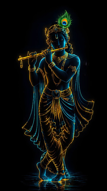 Minimalist Neon Line Art of Lord Krishna with Flute - Free mobile Wallpaper