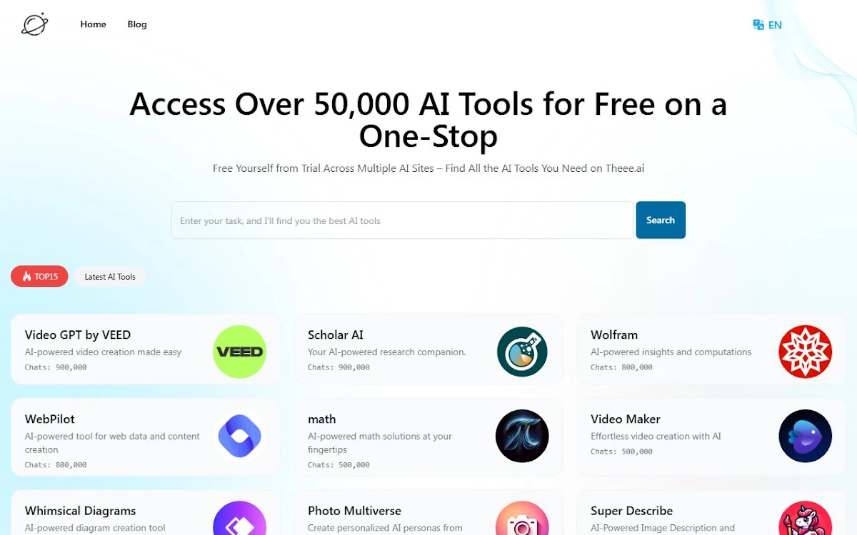 Captura de Theee.ai: Access Over 50,000 GPTs Tools Powered by GPT4o for Free