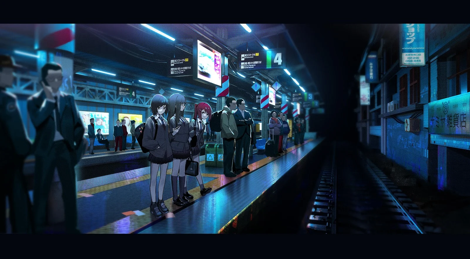 Japanese Train Station At Night - Anime Digital Art 4K Wallpaper (4992x2749)