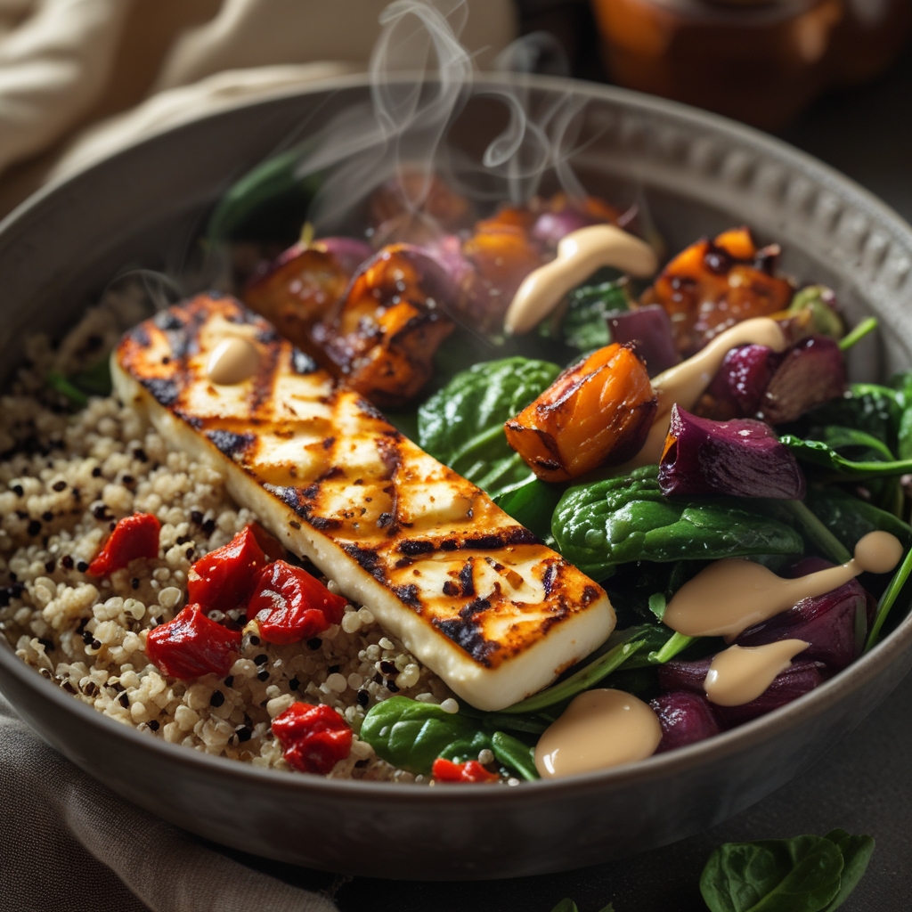 Final Spicy Harissa Halloumi Power Bowl with Lemon-Tahini Drizzle
