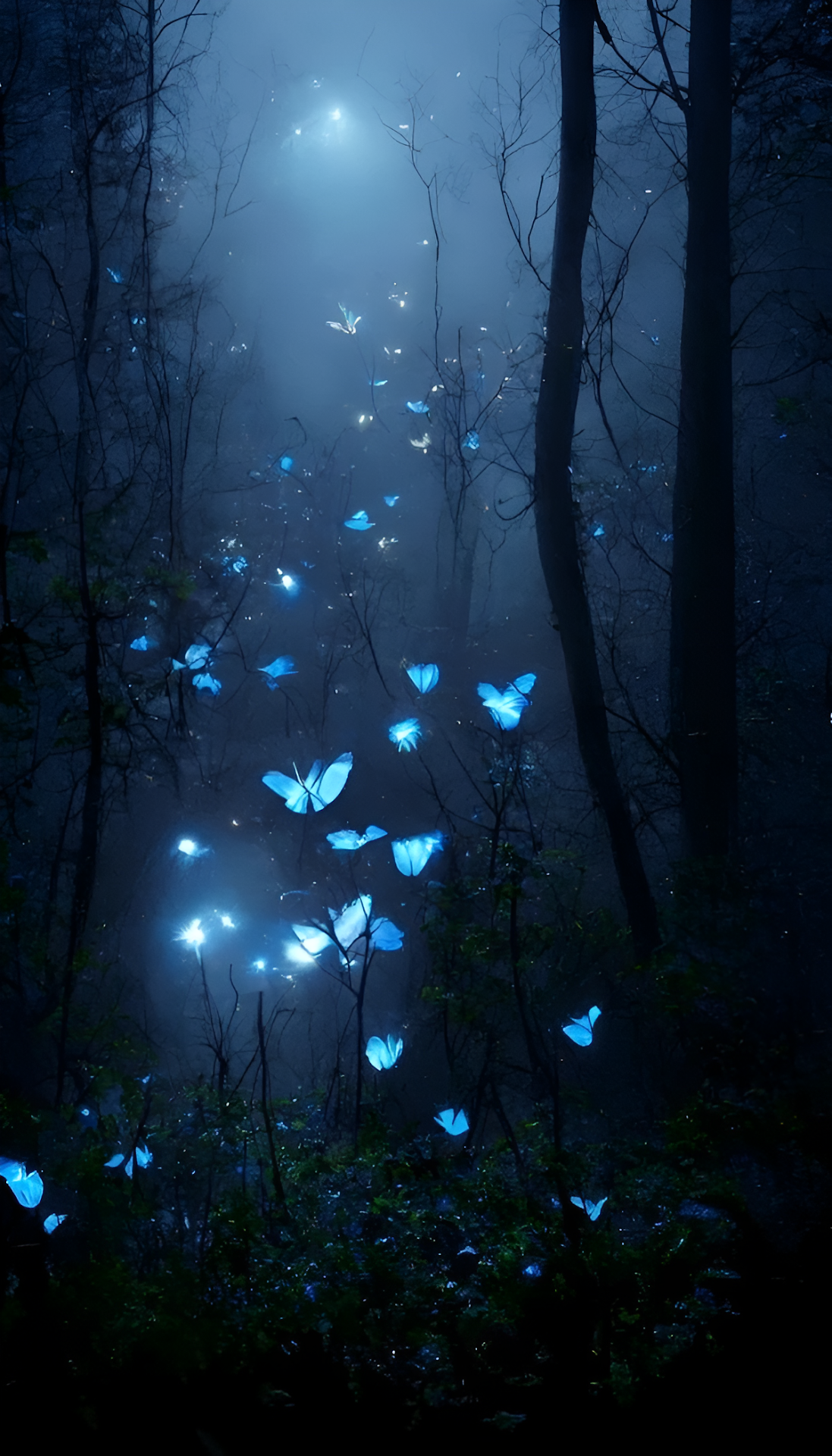 Ethereal Blue Glowing Butterflies in Dark Mystical Forest - Free 4K mobile Wallpaper