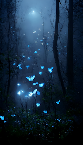 Ethereal Blue Glowing Butterflies in Dark Mystical Forest