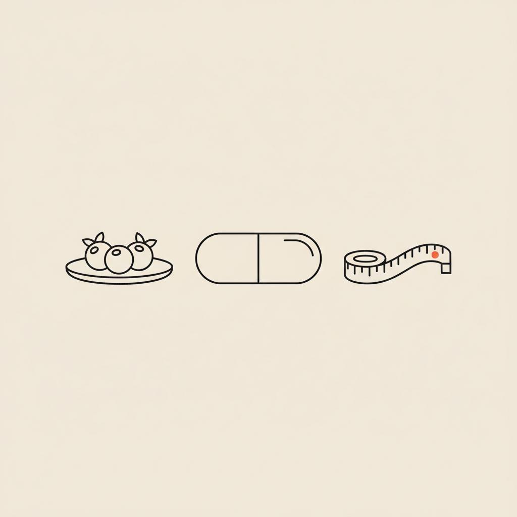Minimalist Tonum-style line illustration of a capsule, plate with three berries and a measuring tape on beige background for Zepbound