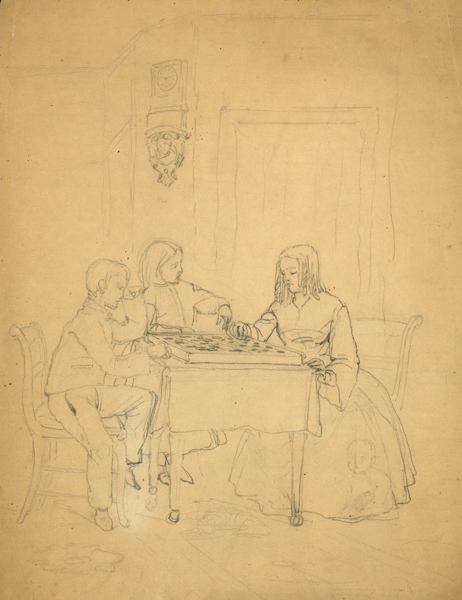 Two children playing checkers or draughts 1858 1863