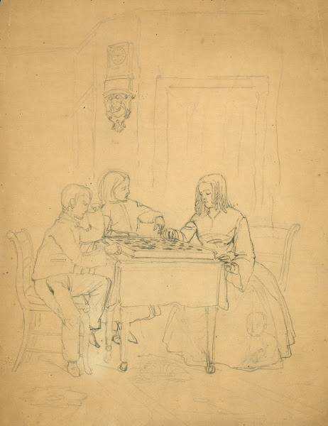 Two children playing checkers or draughts 1858 1863