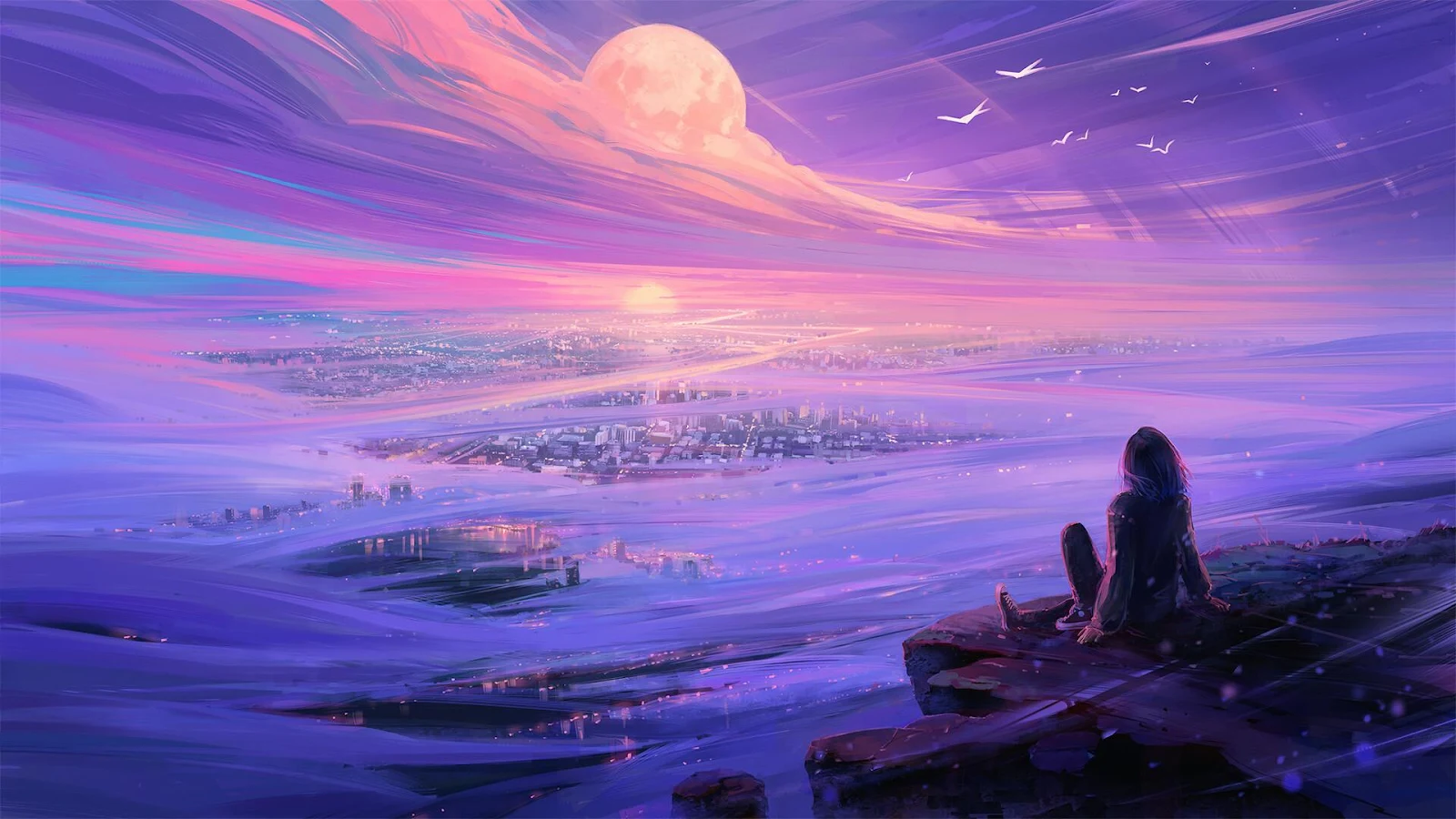 Fantasy Landscape, Digital Art, Purple Aesthetic, Cityscape Artwork Full HD Wallpaper Background (1920x1080)