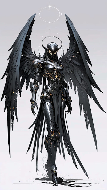 Dark Angel in Armored Suit with Black Wings - Free mobile Wallpaper