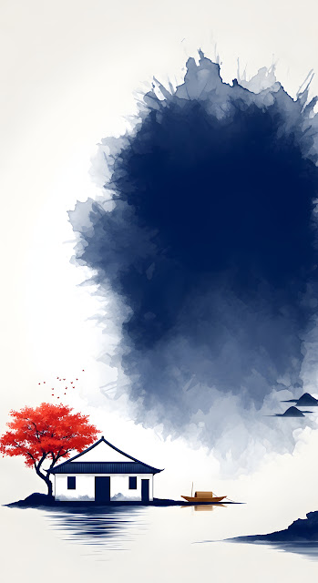 Asian Ink Wash Art Red Tree Traditional House - Free mobile Wallpaper