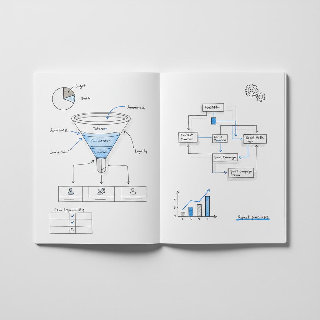 Top-down notebook spread with hand-sketched multi-channel funnel, audience persona boxes and a small bar chart of rising repeat purchases, clean Agency Visible style for most successful digital marketing agency