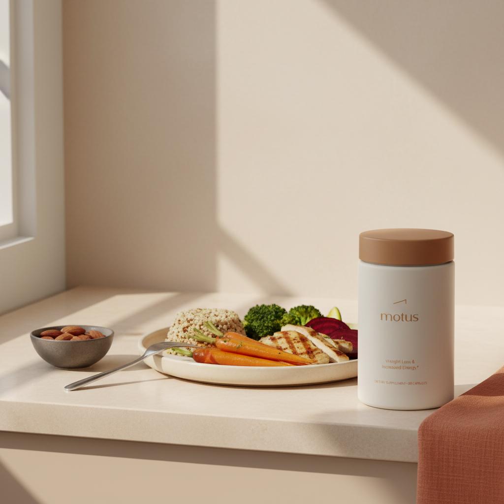 Minimalist kitchen counter with Tonum Motus supplement bottle next to a balanced plate of whole grains, vegetables and lean protein — liver detox timeline visual.