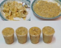 Chuối chín, bỏ vỏ nghiền nhuyễn cho vào cốc nhỏ đặt vào trong ngăn đá để đông lại thành viên kem chuối.