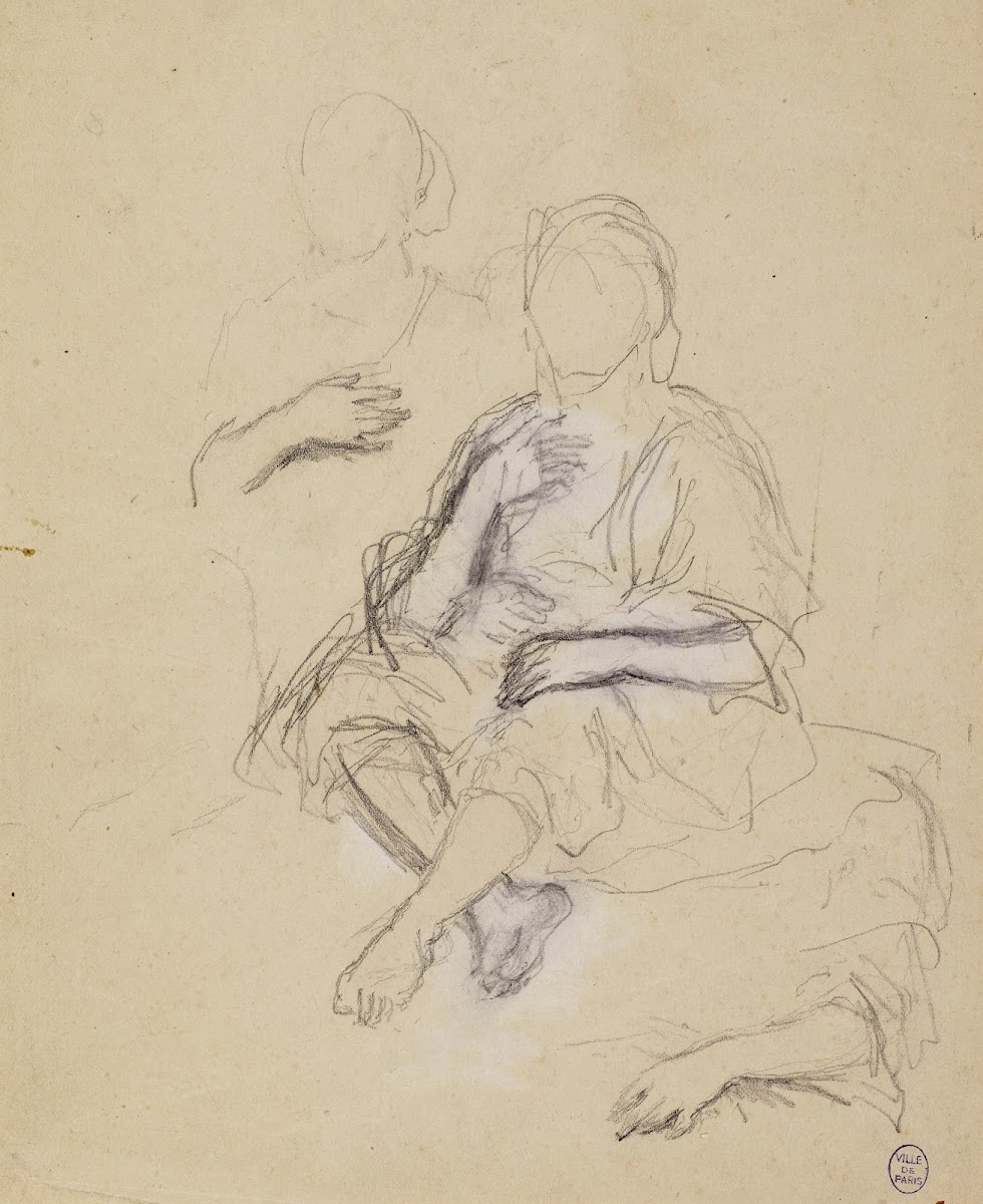 Deux personnages drapés assis de face et étude de bras