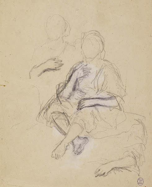 Deux personnages drapés assis de face et étude de bras