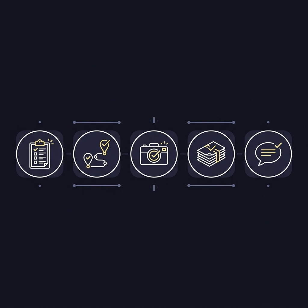 Minimalist 2D vector verification checklist infographic for live golf betting showing five icons registry tracker photo filings and statement on dark navy background with pale gold accents